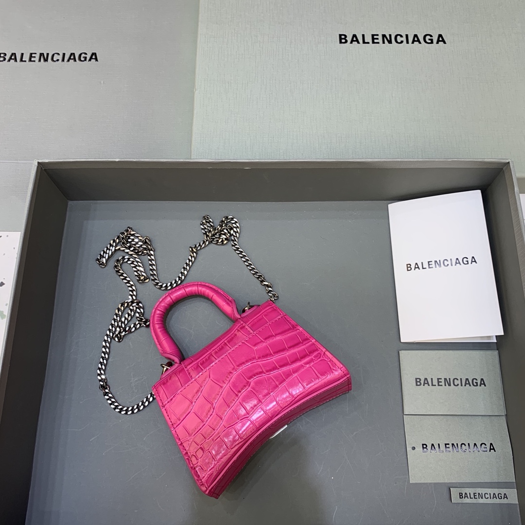 Balenciaga Hourglass Mini Handbag With Chain Crocodile Embossed Shoulder Bag Pink red